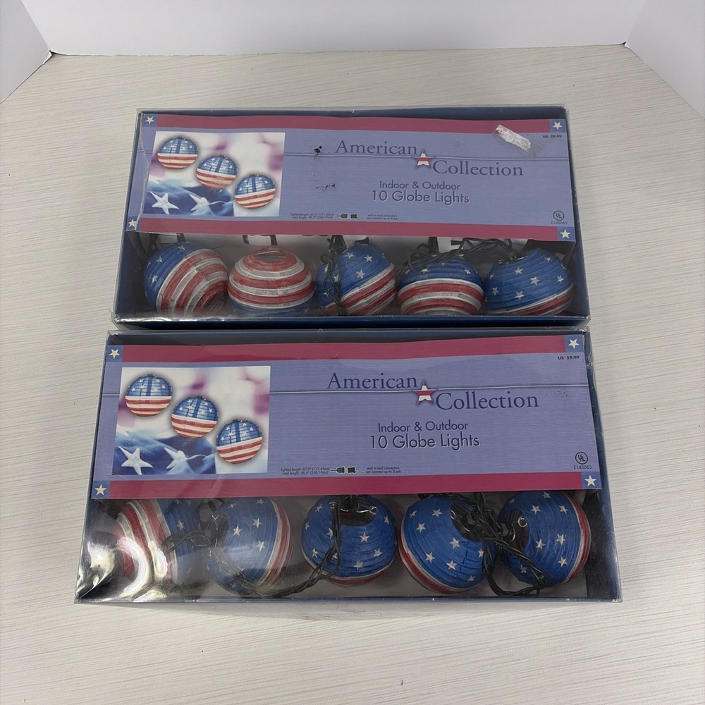 2 Vintage Michaels Independence Day American Flag Lantern String Light 10 Globes